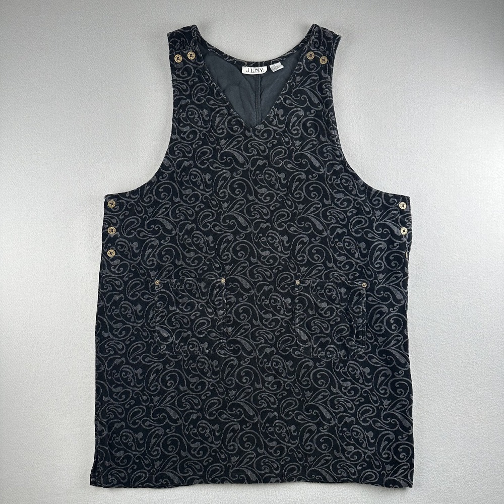 J.L.N.Y. Jumper Dress Women 3X Black Paisley Corduroy V-Neck Side Button Dress